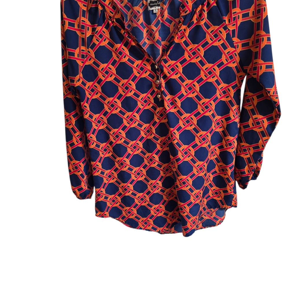 Mud Pie Blouse | Small | Chain Link Print | Geometric Navy & Orange | Like New